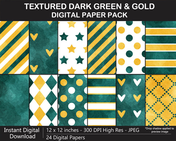Love these fun watercolor-textured dark green and gold  digital papers!