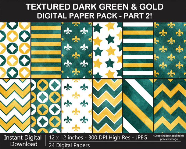 Love these fun watercolor-textured dark green and gold digital papers!