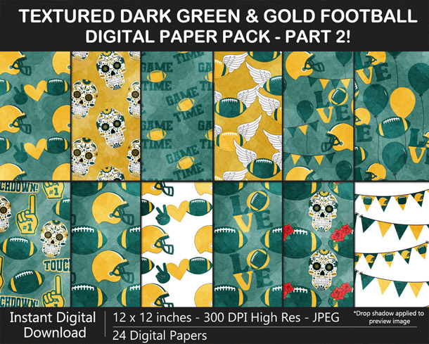 Love these fun Watercolor Texture Dark Green and Gold Football Digital Scrapbook Papers - Go Packers!