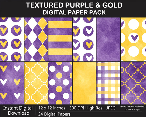 Love these fun watercolor texture purple and gold digital papers!