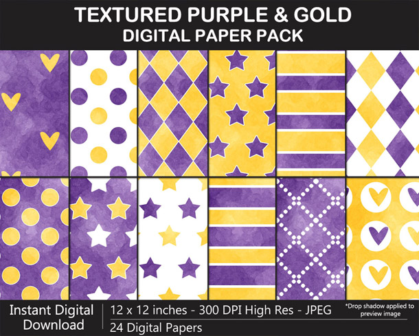 Love these fun watercolor texture purple and gold digital papers!