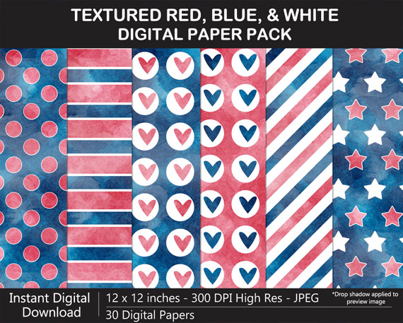 Love these watercolor red, blue, and white pattern digital papers!