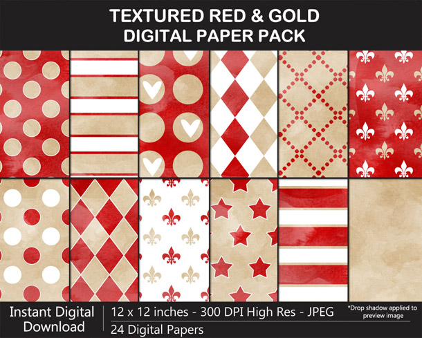 Love these fun watercolor-texture red and gold digital papers!