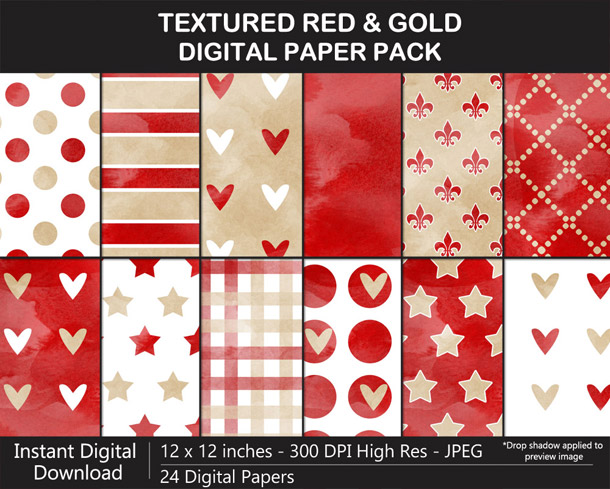 Love these fun watercolor-texture red and gold digital papers!