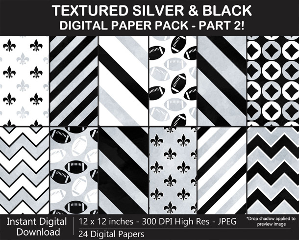 Love these fun watercolor-textured silver and black digital papers!