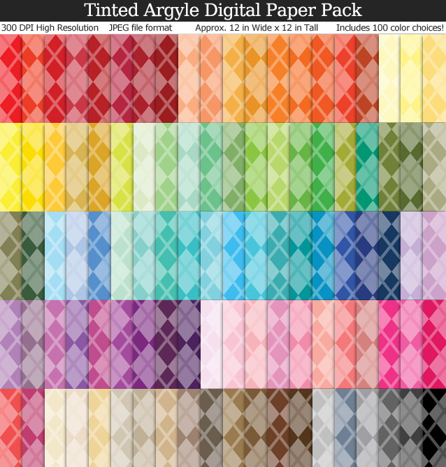 100 Colors Tinted Argyle Digital Paper Pack 12x12 inches Instant Download