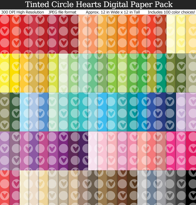 100 Colors Tinted Circle Hearts Digital Paper Pack