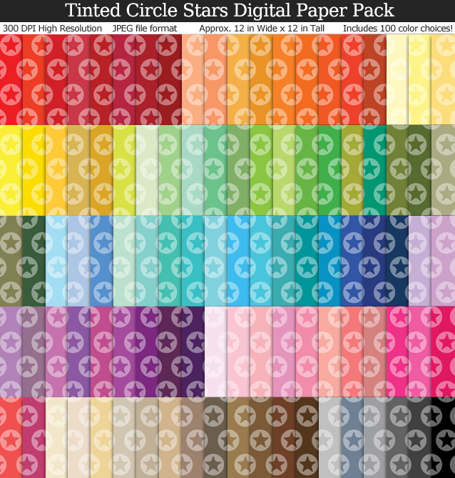 100 Colors Tinted Circle Stars Digital Paper Pack