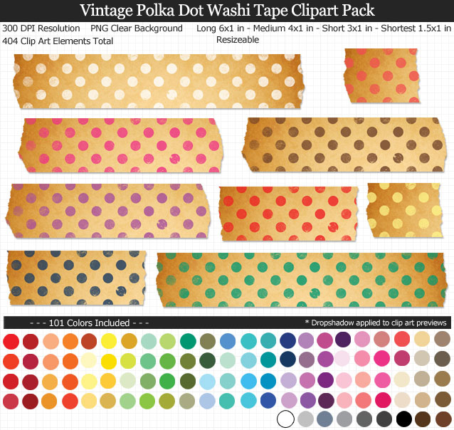 Love these vintage polka dot washi tape clipart for my projects. 101 colors!