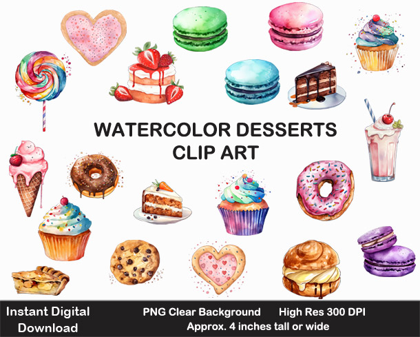Love these fun watercolor-style desserts digital clipart for scrapbooking and crafting!