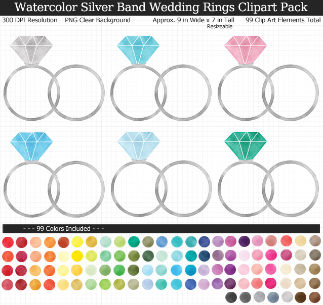 Love this rainbow watercolor wedding rings clipart pack! - Use for stickers invitations banner - Silver Band - 9 inches Resizeable - 99 Colors
